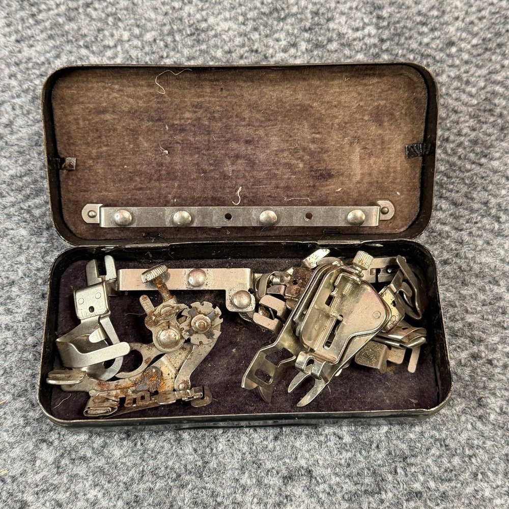 C4   Vintage Black Metal White Sewing Machine Family Rotary Box with Attachments